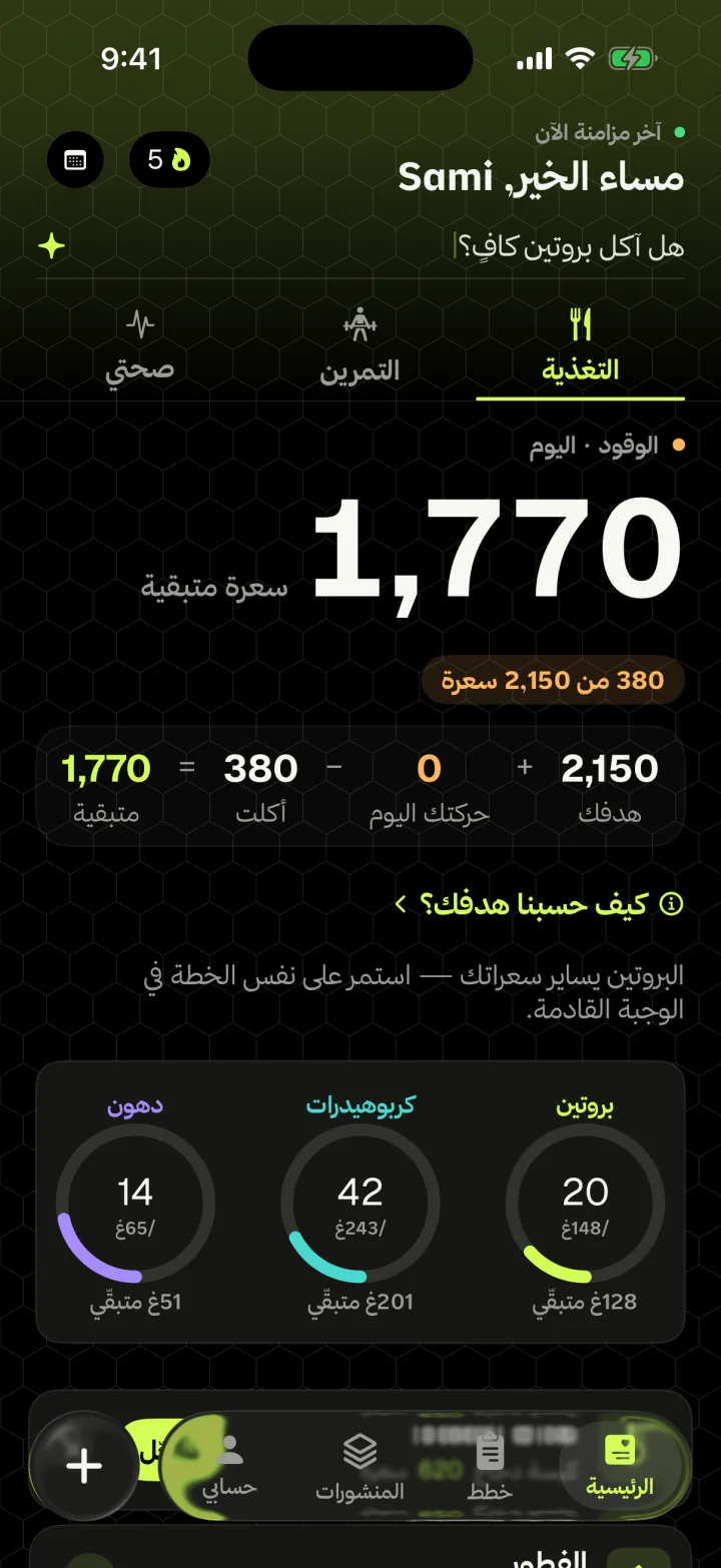 التغذية في حديد: هدفك + حركتك − أكلت = السعرات المتبقية